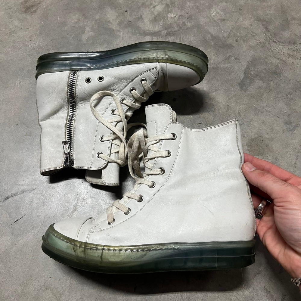 Rick Owens DRKSHDW Milk White Leather High Top Sneakers Green Clear Sole Size 38